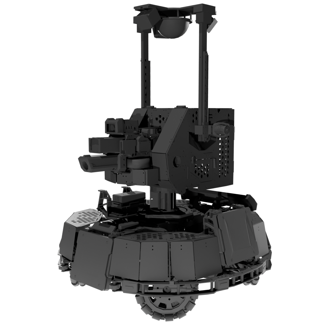 CAD render of RoboGrinder's 2026 Sentry robot with its tall sensor mast